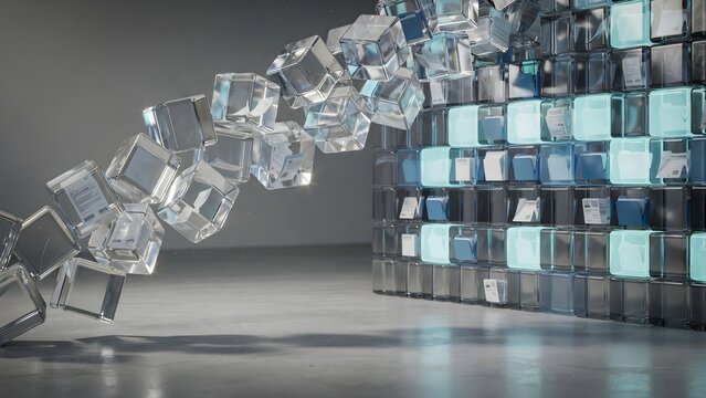 Translucent glass cubes flowing into organized grid archive 3d &ndash; Great for data organization, stream processing, or digital sorting