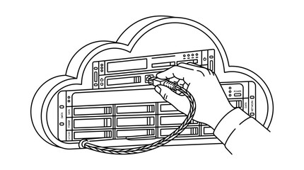 Obraz premium Hand connecting network cable to server inside cloud symbol