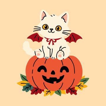 Cute Vampire Cat Sitting on Halloween Pumpkin
