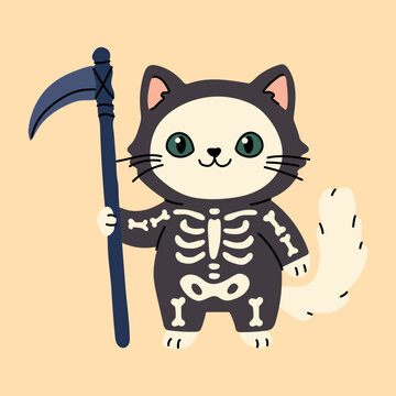 Cute Skeleton Cat Holding Grim Reaper Scythe