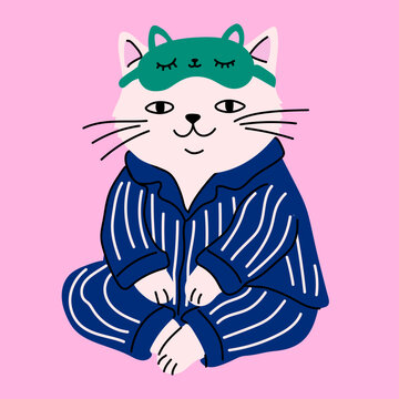 Cute Cat Wearing Striped Pajamas and Sleep Mask