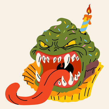 Grotesque Birthday Cupcake Creature with Sharp Teeth