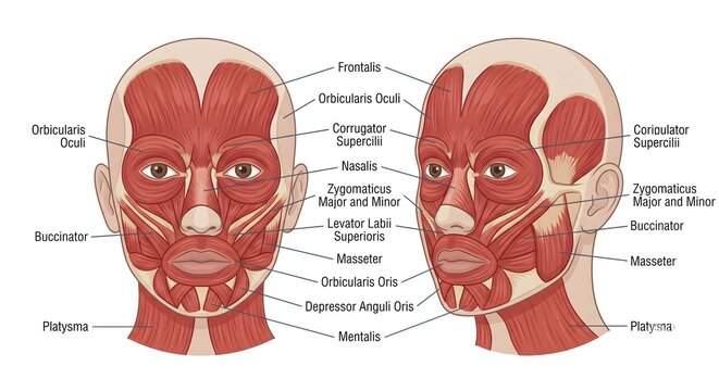 Human facial muscles anatomy diagram anterior and lateral views with detailed medical labels