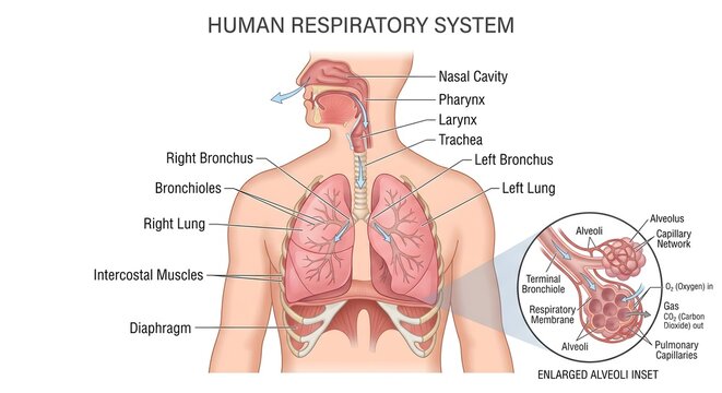 Human respiratory system anatomy diagram with detailed medical labels showing lungs and alveoli gas exchange