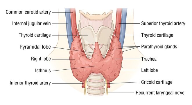 Human thyroid and parathyroid glands anatomy diagram with detailed medical labels showing surrounding structures