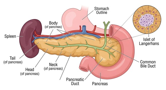 Human pancreas anatomy diagram with detailed medical labels showing spleen duodenum and magnified Islet of Langerhans