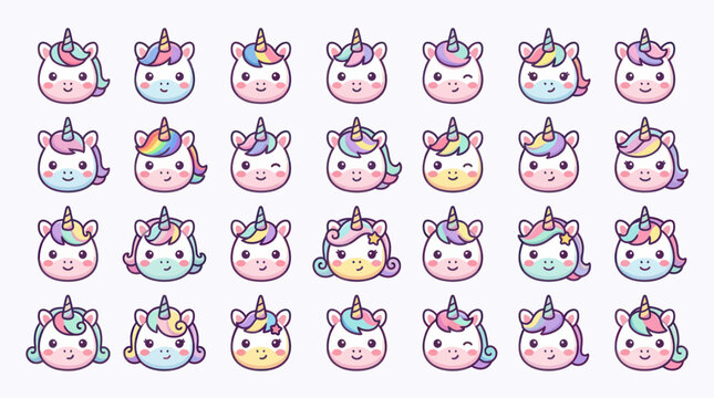 Cute unicorn faces variety illustration