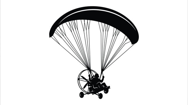 Paramotor silhouette showing a pilot flying with a large parachute in simple black vector style