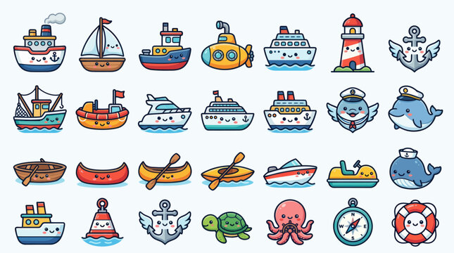 Cute transportation and marine icons