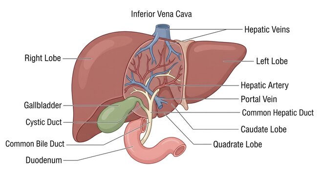 Human liver and gallbladder anatomy diagram with detailed medical labels showing internal blood vessels and biliary tract