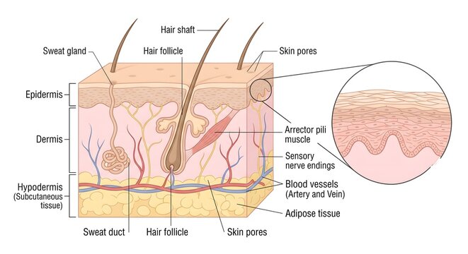 Human skin anatomy cross section diagram with detailed medical labels showing tissue layers and magnified epidermis