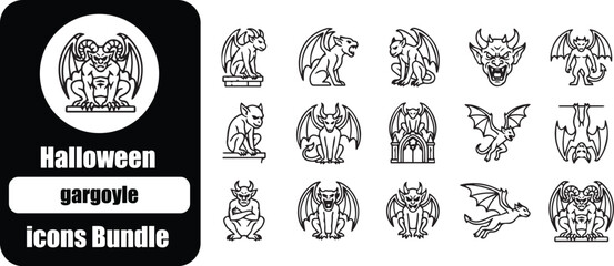 Obraz premium Set of 15 outline icons related to halloween, gargoyle - collection of stone monster, winged demon, gothic statue, scary creature, devil, beast vector elements
