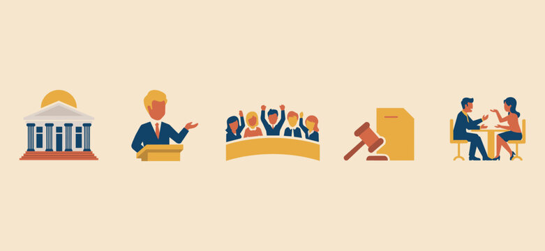 Government and legal institutions flat vector icon set
