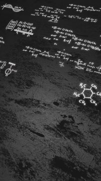 Dark science formula board glowing handwritten equations, binary notes, physics diagrams, and rough texture. Perfect for education videos, research content, math lessons, academic intros, overlays.