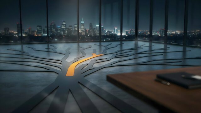 Single glowing path rising above complex network of paths photo &ndash; Suitable for leadership direction, right choice, or strategic decision