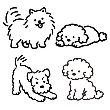 Cute Dog Line Art Vector Set of 4, Pomeranian, Poodle and Schnauzer Outline Collection with Playful Poses