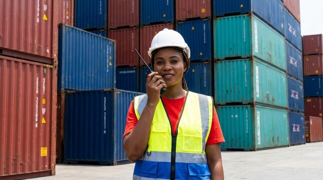 Professional African Female Logistics Manager with Walkie-Talkie at Shipping Container Terminal