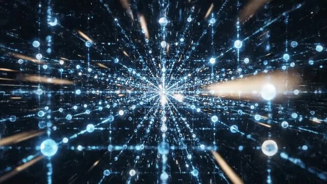 Abstract Digital Network: An intricate web of glowing blue nodes and lines represents a futuristic digital network, conveying concepts of data, connectivity, and technological advancement.