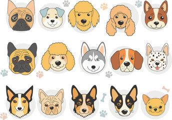 Fototapeta premium Collection of Diverse Dog Breed Faces Featuring Various Canine Portraits and Colorful Paw Prints Background