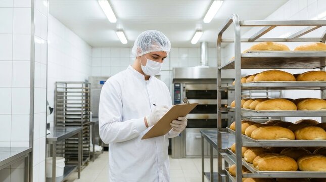 Food Quality Control Inspector Checking Fresh Bread in Industrial Bakery