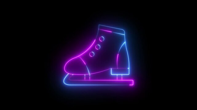 glowing neon Ice skating icon isolated on black background. Ice Skate Equipment concepts for Winter Sports and Performance. 4k video animation.