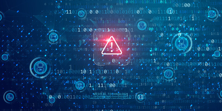 Medical technology background with binary code and healthcare icons featuring a warning alert.