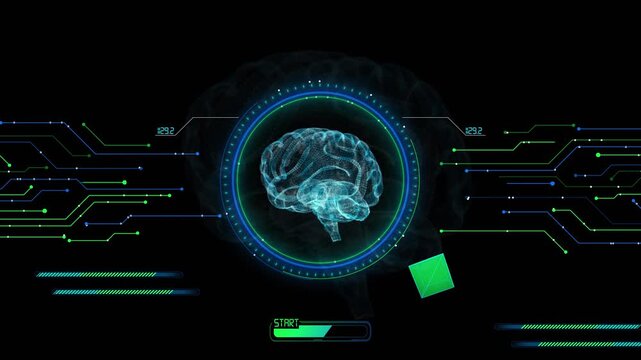 Neural brain interface analysis visual glowing scanner rings, data circuits, black tech layout. AI medicine, cognitive science, health dashboards, research explainers, and motion graphics.