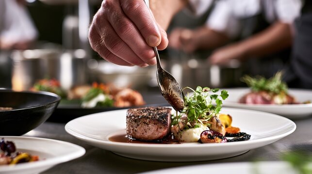 Exquisite dish is prepared in the restaurant's kitchen.
