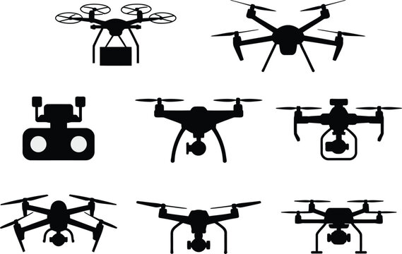 Drone silhouette collection featuring quadcopters, hexacopters, camera gimbals, payload carriers, and aerial photography devices arranged in grid vector illustration
