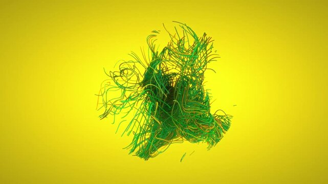 Abstract tangled cable wires twist and pulse in a vibrant 3D animation loop with green and yellow tones over a bright backdrop for technology concepts