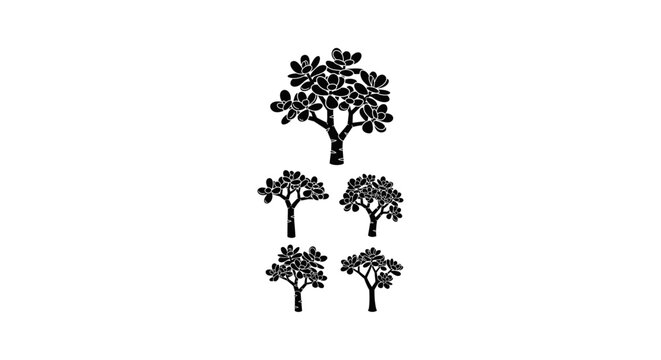 Collection of Black Silhouette Jade Plants (Crassula Ovata) - Isolated Vector Illustrations