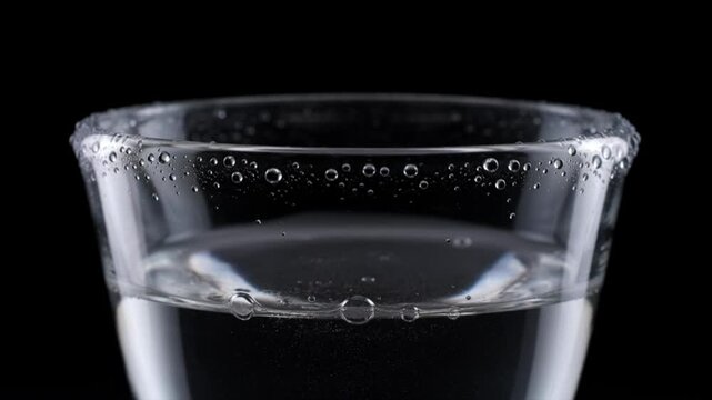 Sparkling water glass closeup with ice bubble detail clear liquid surface and gentle splash movement against dark background studio macro background texture refreshment minimal black contrast clean