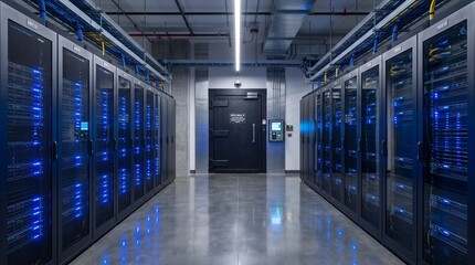 Fototapeta premium Secure Data Center Server Corridor with Biometric Access Security Doors
