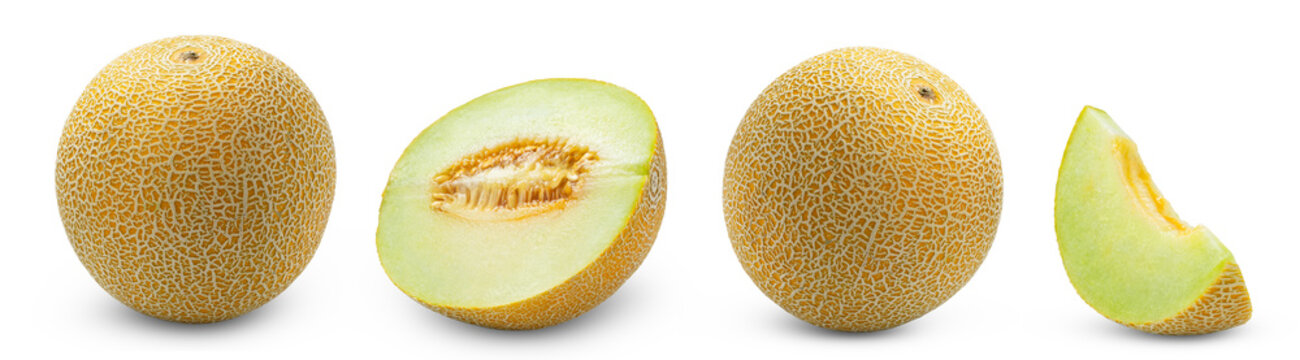 Whole melons, juicy half of melon and melon cut in slice isolated.
