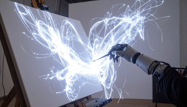 Robotic arm creating light art on white canvas.