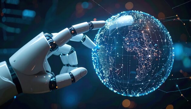 Robotic arm reaching for glowing digital world globe hologram.