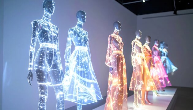 Row of colorful illuminated glowing fiber optic dresses.