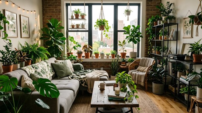 Modern apartment filled with indoor plants, urban jungle style, green decorations, cozy furniture, realistic interior photography