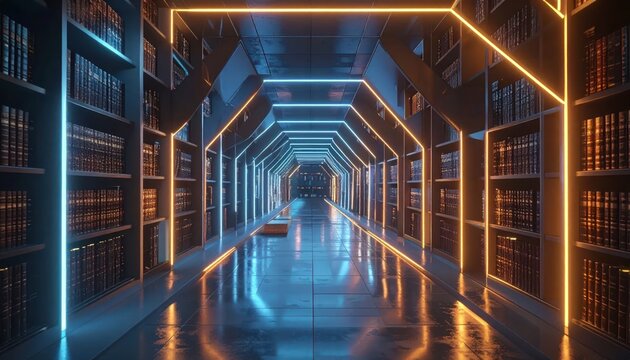 Sci-fi corridor with glowing yellow light frames and shelves.