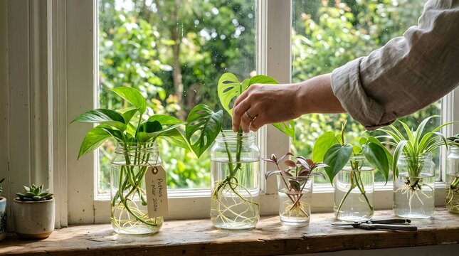 Houseplant propagation in glass jars with green cuttings on a windowsill, gardening hobby concept, fresh natural lighting, realistic photography
