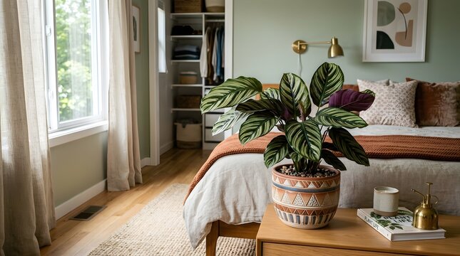 Beautiful calathea plant with colorful patterned leaves in a decorative pot, modern bedroom decoration, soft natural light, high detail photography