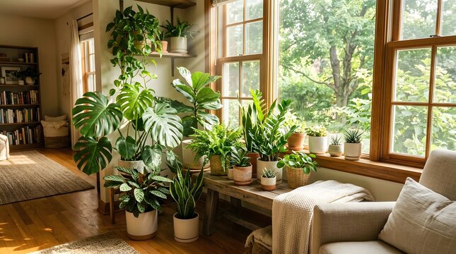Beautiful indoor plant collection near a large window, sunlight rays, cozy home atmosphere, nature inside concept, professional stock photography