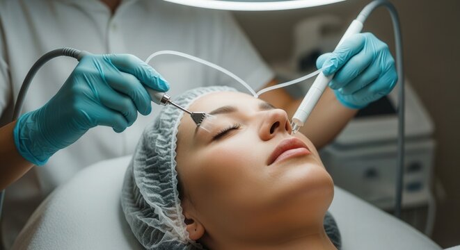 Close-up of a woman relaxing during a professional microcurrent facial treatment with specialized wands in a serene beauty clinic.
