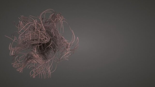 Muted pink wire strands form a complex 3D render bundle isolated on a dark gray backdrop for subtle technical and scientific motion graphics