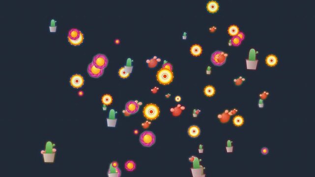 Animated Cactus Plants and Glowing Flowers Floating on Dark Background