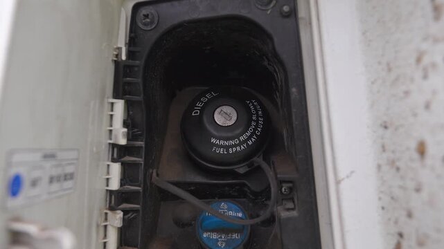 Close-up of a person unscrewing the black diesel cap and the blue adblue cap on a modern white vehicle's fuel tank, preparing to refuel and reduce emissions for clean engine technology