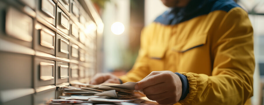 Male postal worker in 30s sorting letters indoors in bright mailroom
