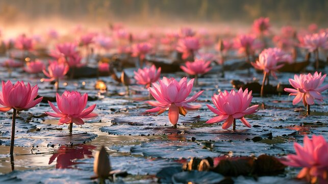 Pink lotus flowers on a beautiful lake.