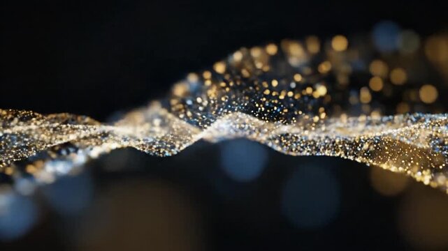 Golden Flowing Particles: A captivating display of shimmering golden particles flowing in a wave-like formation against a dark, blurred background, suggesting movement and energy.