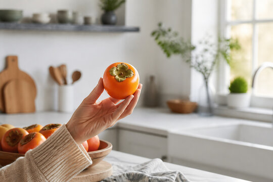 A hand holding a bright orange tomato is featured in a bright, modern kitchen setting.